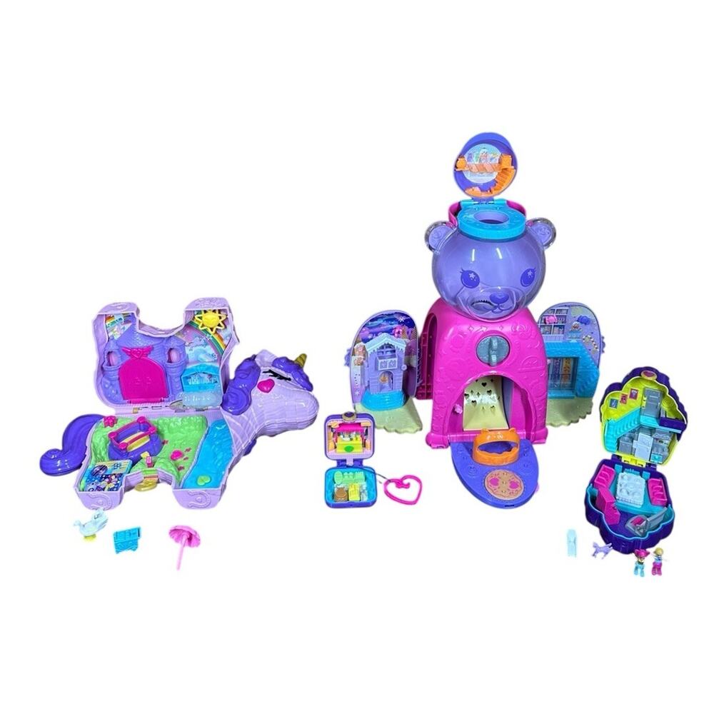 Polly Pocket Lot Gumball Machine Bear Unicorn Playset Compact Cupcake Micro Doll